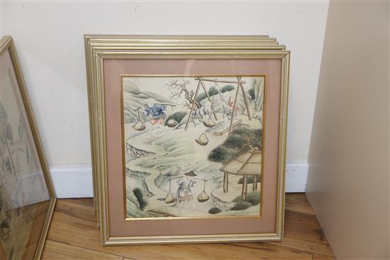 19th century Chinese School, set of eight woodblock prints, Figures producing porcelain and other subjects, 35 x 33cm